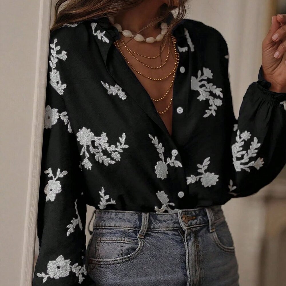 BestSelling Black Casual Women's Embroidered Floral Printed blouse - Picture 4 of 6